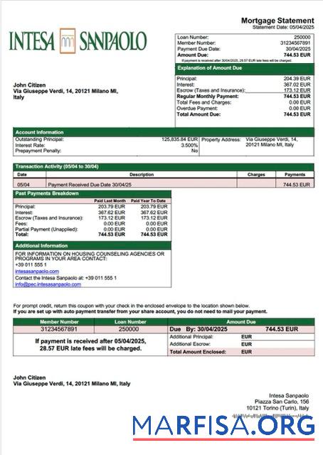 Downloadable Italy Intesa Sanpaolo mortgage statement Word and PDF template